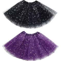 EUPSIIU 2 Pieces Tutu Star Mini Skirt, Tulle Skirt Children's Girls Skirts Tutu, 3 Layers Tulle Sequin Ballet (Black, Purple)