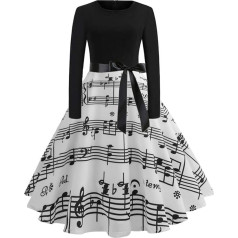 Women's Vintage Dresses Music Note High Waist Long Sleeve Swing Dress Slim A Line Evening Dress Cocktail Dress