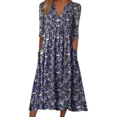 Skang Summer Dress Large Sizes Women's Casual V-Neck Pattern Print Short Sleeve Floral Print Dress with Pocket Casual Long Dress Women's Dress A Line