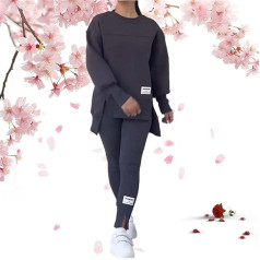 Women Casual Sweatshirt Leggings Set Solid Color Crew Neck Long Sleeve Slit Hem Plus Size 2 Piece Outfit