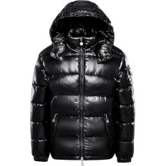 Winter Hooded Jacket Warm Mid Weight Metallic Down Jacket Zip Quilted Shiny Puffer Coat, black