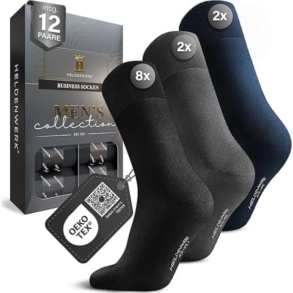HELDENWERK Pack of 12 Men's Socks, Men's Socks with Breathable Cotton without Pressing Seam, Business Men's Socks, Suit Socks (8 x Black, 2 x Grey, 2 x Navy Blue)