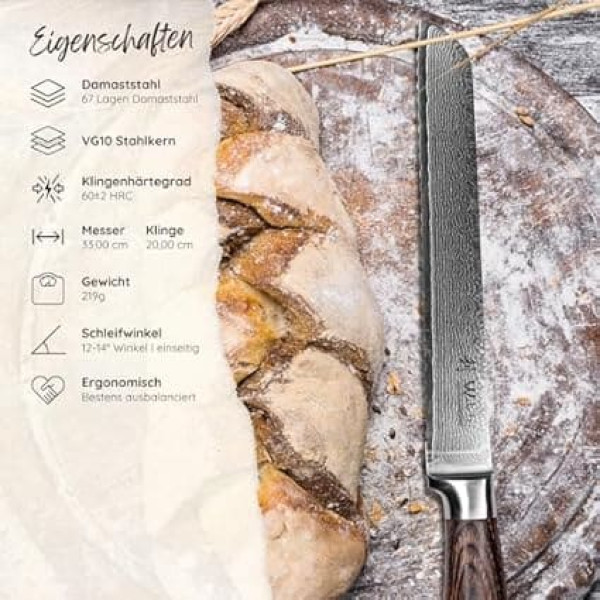Wakoli 1DM-BRE-EDB Bread Damascus Knife - Japanese Damascus VG-10 Bread Knife