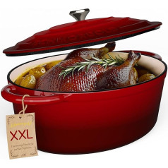 Schmorgold Enamelled Roasting Dish with Lid 37.5 cm - 9.8 L Cast Iron Pot Oval Oven Safe - Casserole Dish with Lid for All Hobs Including Induction