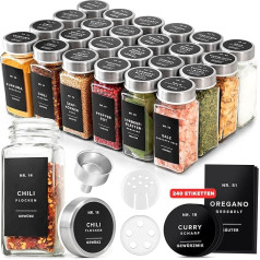 EDELHAUS Square Spice Jars Set with Stainless Steel Lid (24 x 120 ml) Spice Shaker with Shaker Insert and 240 Labels Black - High-Quality Spice Containers, Spice Jars, Spice Organiser [10.7 cm x 4.5