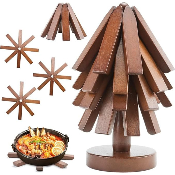 Wooden Coasters for Hot Food, Tree Shape Coasters Set, Set of 4 Foldable Wooden Coasters for Hot Food/Pot/Bowl/Pans/Teapots/Fondue (Brown)