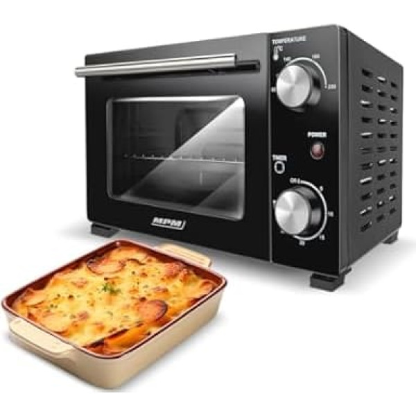 MPM - MPE-13 - Mini oven - Freestanding - 10 L- with top/bottom heat - with baking tray and grid - 4-stage temperature control 90-230°C - with rotary knob - pizza oven - small - black