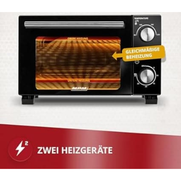 MPM - MPE-13 - Mini oven - Freestanding - 10 L- with top/bottom heat - with baking tray and grid - 4-stage temperature control 90-230°C - with rotary knob - pizza oven - small - black
