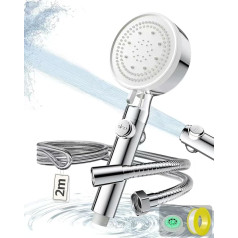 Shower Head with 2 m Stainless Steel Ex Protection Hose, Shower Head Water Saving 49% Saving, High Pressure Hand Shower, 200% More Pressure, 5+1 Jet Types, Stop Function, Chrome Shower Head, Shower
