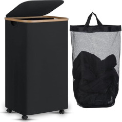 efluky Laundry Basket with Wheels, 100 L Extra Large Laundry Basket with Lid, Black Foldable Laundry Container with Bamboo Handles and Removable Bag for Bedroom, Bathroom, Laundry Room