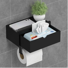 Toilet Paper Holder No Drilling Toilet Paper Holder with Wet Wipes Box Toilet Roll Holder with Shelf Bamboo Paper Holder for Toilet Bathroom Self-Adhesive or Drilling Black