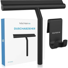 Shower Squeegee Black - Glass Squeegee with 21 cm Rubber Lip, Silicone with Metal Core, Scratch Protection, Includes Retaining Hooks - For Glass Showers, Windows and Mirrors