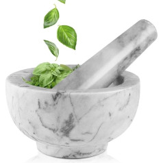 Flexzion Mortar with Pestle Made of Marble, White, 12 cm Diameter, Mortar and Pestle Sets, Small Stone Mortar with Robust Base and Durable Pestle, Kitchen Appliance for Spices