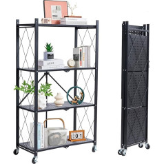 BRIAN & DANY Folding Shelf with Wheels, 4 Tiers Foldable Heavy Duty Shelf, Metal Shelf, Black, Storage Shelf, Folding Shelf for Kitchen, Office, 71 x 34 x 126 cm
