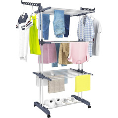 HOMIDEC Clothes Airer Plus Size 4 Tier (172cm High) Foldable Stainless Steel Drying Rack Movable Drying Rack with 4 Wheels, 24 Drying Bars and 14 Hooks for Bedding, Clothes, Grey