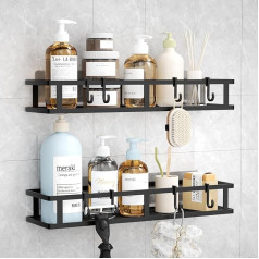 Shower Shelf, No Drilling, Black, 40 cm Adhesive Shelf, Bathroom Shower Shelf, No Drilling, Pack of 2, Waterproof Bathroom Organiser Shelf, Shampoo Holder for Shower with Hooks