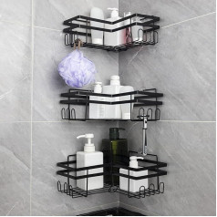 Pack of 3 Shower Caddy Corner Shower Caddy Adhesive Shower Organiser Corner No Drilling Shower Caddy Bathroom Wall Mounted Bathroom Storage Shelf with Hooks (Black)