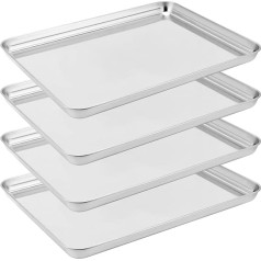 Set of 4 Stainless Steel Baking Trays, Non-Stick Baking Tray, Baking Tray, Toaster, Oven, Baking Tray with Mirror Finish, Oven and Dishwasher Safe, 16