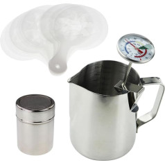 Barista Kit Includes Milk Thermometer, 600ml Jug, Cocoa Shaker and 16pc Stencil Set - Ideal For Coffee Latte Cappuccino Mocha