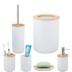 Relaxdays Bathroom Set 6 Pieces Bathroom Accessories Plastic Bamboo Complete Bathroom Equipment Bathroom Set White