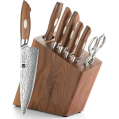 AUS-10 Damascus Steel 8-Piece Knife Block Sets - Professional Damask Kitchen Chef's Knife Set - Black Walnut Wooden Handle - with Knife Block Multifunctional Kitchen Scissors and Diamond