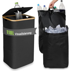UNOSEKS 110 L Deposit Bottles Collection Container with Lid, Empty Bottle Collector with Two Carry Bags, Bamboo Deposit Bottles Storage, Recycling Container with Hole for Kitchen