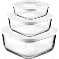 Guzzini - Kitchen Active Design, Store & More Glass Set of 3 Tight Closing Glass Containers for Fridge/Freezer/Microwave - Transparent, 19.5 x 19.5 x H 9.3 cm | 410/965/1900 cc - 11330311