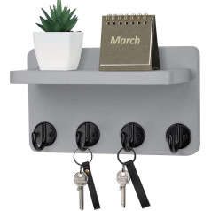 Nekon Key Holder Wall Mount 8.5 Inch Small Home Decor Wooden Wall Organizer with 4 Hooks and Shelf Wall Decor for Living Room Entryway Kitchen (Grey)