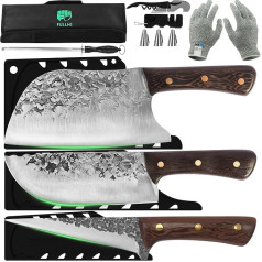 FULLHI Portable Butcher's Knife Set with Knife Bag and Sheath, Hand Forged Chef's Knife, Boning Knife, High Carbon Steel, Chopping Cleaver Knife Set for Kitchen, Camping, BBQ (9)