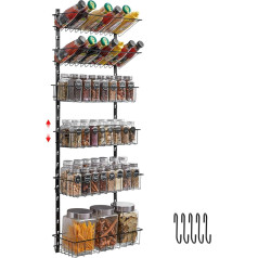 Spice Rack Wall Mount 6 Tiers with Hooks, Space Saving Spice Organiser for Spice Jars and Spices, Height Adjustable Hanging Spice Rack Storage for Kitchen Pantry
