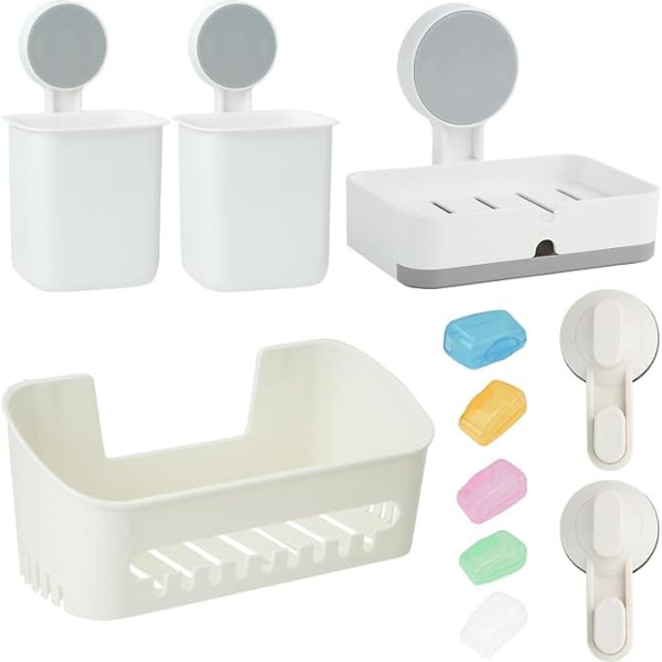 Shower Shelf Set, Suction Cup No Drilling Removable Load Capacity, Bathroom Organiser Basket, Toothbrush Holder, Suction Cup Towel Hook, Soap Dish, Toothbrush Head Covers