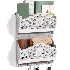 Vintage Mail Sorter and Key Holder - Decorative Wall Organiser with 5 Hooks, 2 Compartments for Letters and Magazines, Shabby White, Wooden Newspaper Rack for Hallway & Office