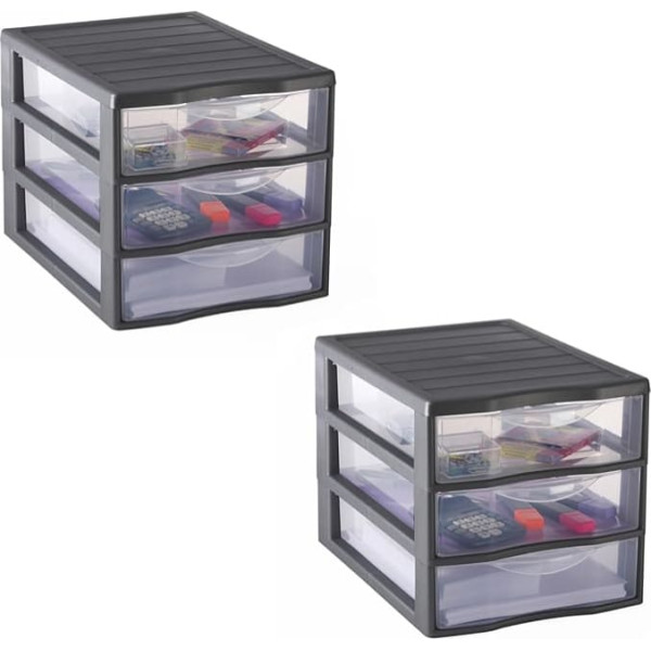 SUNDIS Orgamix Set of 2 Plastic Drawer Boxes, 3 Clear Drawers for A4 Paper, Height 25.5 cm, Stackable, Ideal for Desk, Teaching, Documents, Accessories