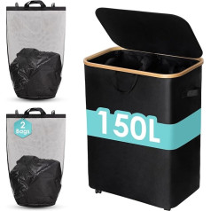 Qidordour Laundry Basket with Wheels, 150 L Extra Large Laundry Hamper, Foldable & Waterproof with Lid and 2 Removable Inner Pockets, for Laundry Room, Bedroom, Dormitory Storage, Black