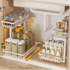 Cyiecweu 2 Tier Kitchen Cabinet Organiser, L Shape Height Adjustable Sink Organiser, Extendable Cabinet Organiser, Kitchen, Multi-Purpose Carbon Steel Cabinet Organiser, White, 1 Piece
