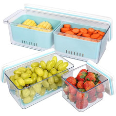 BELLE VOUS Pack of 3 Stackable Vegetable Box - Fruit Storage with Draining Baskets - Vegetable Fridge Box - Reusable Containers with Lids for Fridge Freezer Compartment