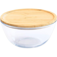 Pebbly PKV-013 Bowl with Bamboo Lid - 2.6 L, Borosilicate Glass, Bamboo, Silicone, Natural