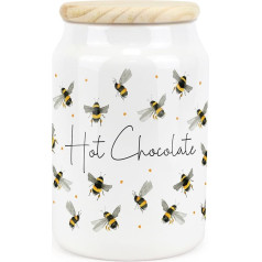 Purely Home Scattered Bees Ceramic Storage Jar for Hot Chocolate, Bumblebee, Ceramic, Kitchen, Food Container and Wooden Lid, 600ml (14.5 x 9.5cm)