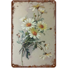 Vintage Tin Sign Flowers White Daisy with Dewdrops Metal Sign Retro Wall Decoration for Home Cafes Office Business Pubs Club Sign Gift 30x20cm Plaque Tin Sign