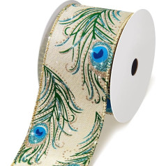 6 Yards Peacock Feathers Wired Edged Ribbon Linen Gift Ribbons Wide Christmas Gift Ribbon Decorative Ribbon for Christmas Crafts Bow Gift Packaging DIY Decoration 6.3 cm 6 Yard (White)
