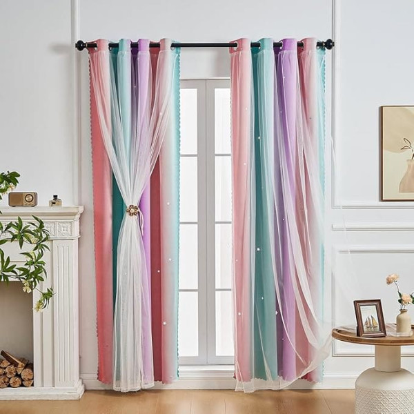 Girls Princess 2 Piece Curtains Double Layer Fantasy Curtains Blackout Curtains for Kids Room Star Shape Eyelet Curtains for Living Room (Pink Purple Green, W 132 x H 160 cm)