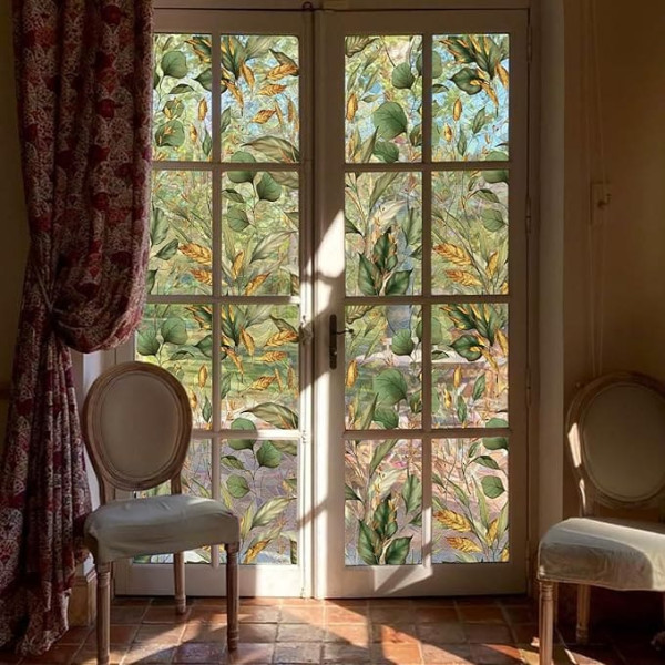 ChicSkin Opaque Window Film, Colourful Green Golden Leaves, Window Film, Privacy Screen, Rainbow Film, Window Decoration, Suitable for Living Room and Bedroom, 53 x 300 cm