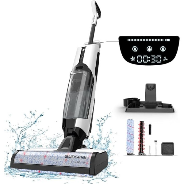 SUNSMAI Wet Dry Vacuum Cleaner with Self-Cleaning System, Wireless Vacuum Cleaner Vacuuming & Wiping & Washing, LED Dry Wet Vacuum Cleaner with Soft and Hard Bristles for Floors and Carpets