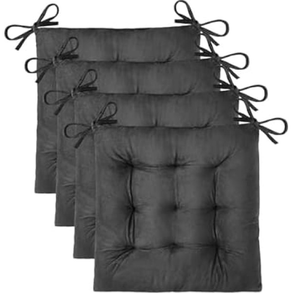 OVOV Chair Cushions for Dining Room Chairs, Comfortable Seat Cushions for Kitchen, Desk Chairs, Velvet Chair Pads with Ties, 43.2 x 43.2 cm, Dark Grey, Set of 4
