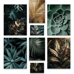 Poster Set, Gold Plant Harmony, Multi-Piece Wall Decoration, Living Room and Bedroom, 8 Modern Wall Pictures, Plants, Green, Gold, Leaves, Monstera, Unframed