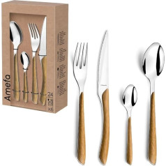Amefa Eclat Nature Brown Wooden Cutlery Set 24 Pieces for 6 People Stainless Steel Rustproof Plastic Handles in Wood Look Dishwasher Safe Cutlery Set 6 People
