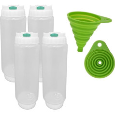 FIFO Squeeze Bottle Refillable (4 Pack) Green Dispenser for Thin Spices, Sauces, Liquids, Oils and Dressing with Flexible Funnel