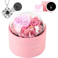 GIIFER Eternal Roses with I Love You Necklace, Eternal Flower Roses for Christmas, Valentine's Day, Mother's Day, Anniversary, Wedding, Birthday Gifts for Women, Mum, Wife, Girlfriend, Grandma - Pink