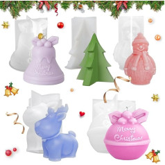 Pack of 5 3D Christmas Candle Moulds, Silicone Candle Moulds for Casting, Children, Christmas Tree Candle Mould, for Craft Ornaments, Fondant, Scented Candles, Chocolate, Soap