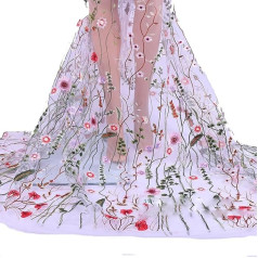 Yurosiay Flowers Embroidered Lace Fabric, 200 x 150 cm, Tulle Fabric with Embroidery, Flower Plant, Mesh, Fashion, Floral Embroidery Fabric, Colourful Flowers, Embroidered Tulle, Sold by the Metre,